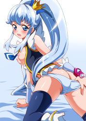 Rule 34 | 10s, 1girl, :o, absurdres, ass, bad id, bad pixiv id, bed sheet, black thighhighs, blue bow, blue eyes, blue hair, blue panties, blush, bow, breasts, breasts out, butt crack, crown, cure princess, hair bow, happinesscharge precure!, heart, heart-shaped pupils, high heels, highres, kneeling, long hair, looking back, magical girl, matching hair/eyes, mini crown, nipples, panties, panty pull, precure, sharumon, shiny skin, shirayuki hime, shoes, sidelocks, solo, symbol-shaped pupils, thighhighs, twintails, underwear, white footwear, wrist cuffs