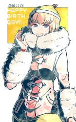 Rule 34 | 1girl, ando ruruka, blonde hair, bow, breasts, brown pants, commentary request, danganronpa (series), danganronpa 3 (anime), dated, fur collar, fur trim, hand up, happy birthday, jacket, kiri (2htkz), long sleeves, looking at viewer, medium breasts, pants, pink hair, short hair, smile, solo, white background, white bow, yellow background, yellow headwear
