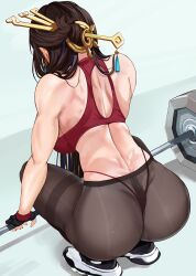 Rule 34 | 1girl, absurdres, ass, back, barbell, bare shoulders, beidou (genshin impact), black gloves, breasts, brown hair, exercising, fingerless gloves, genshin impact, gloves, half updo, highres, large breasts, long hair, loooyd, muscular, muscular female, pantyhose, shoes, sneakers, solo, sports bra, squatting, thighs, whale tail (clothing)
