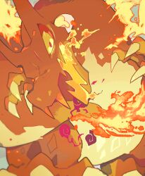 Rule 34 | akadako, animal focus, bags under eyes, breath weapon, breathing fire, charizard, claws, colored sclera, creatures (company), dragon, fangs, fire, flame-tipped tail, game freak, gen 1 pokemon, gigantamax, gigantamax charizard, looking to the side, nintendo, no humans, open mouth, orange theme, pokemon, pokemon (creature), red sclera, sharp teeth, smoke, solo, standing, teeth, yellow eyes