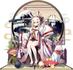 Rule 34 | 1girl, animal, ayanami (azur lane), ayanami (pulse of the new year) (azur lane), azur lane, ball, bamboo, bare shoulders, black skirt, blonde hair, blurry, bow, detached collar, fine art parody, fox, fox mask, fur collar, hair bow, hair ornament, hand fan, japanese clothes, katana, long hair, long sleeves, looking at viewer, mask, mask on head, miniskirt, mountain, mouse (animal), new year, nihonga, official alternate costume, official art, ootsuki momiji, open clothes, orange eyes, oversized clothes, parody, pillow, pleated skirt, pom pom (clothes), ponytail, sandals, sitting, skirt, sleeves past fingers, sleeves past wrists, solo, sword, thighhighs, transparent background, waves, weapon, weapon rack, white thighhighs, wide sleeves, zettai ryouiki, zouri