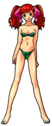 Rule 34 | 1990s (style), asahina yurina, barefoot, bikini, full body, green bikini, green eyes, hair ribbon, highres, long hair, looking at viewer, navel, non-web source, official art, open mouth, red hair, retro artstyle, ribbon, simple background, strapless, strapless bikini, super real mahjong, swimsuit, tanaka ryou, twintails, white background
