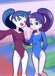 Rule 34 | 2girls, arm around waist, blue eyes, blue hair, blue leotard, breasts, colored skin, drantyno, hasbro, highres, leotard, long hair, long sleeves, looking at viewer, multicolored hair, multiple girls, my little pony, my little pony: equestria girls, my little pony: friendship is magic, open mouth, ponytail, purple hair, purple leotard, rarity (my little pony), side ponytail, small breasts, smile, sonata dusk, standing, streaked hair, teeth, white skin