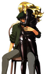 Rule 34 | 1990s (style), 1boy, 1girl, ass, blonde hair, bodysuit, chair, cowboy bebop, highres, jacket, julia (cowboy bebop), latex, latex suit, leather, official art, retro artstyle, shiny clothes, simple background, skin tight, spike spiegel