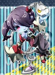 Rule 34 | 1girl, bare shoulders, blue skin, chibi, colored skin, detached collar, detached sleeves, dress, hair over one eye, highres, leviathan (skullgirls), long hair, no shoes, purple hair, red eyes, rin10, short hair, side ponytail, skull, skullgirls, socks, squigly (skullgirls), stitched mouth, stitches, striped legwear, striped sleeves, zombie