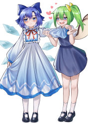 Rule 34 | 2girls, absurdres, adapted costume, ailu elf, black footwear, blue bow, blue dress, blue eyes, blue hair, blue skirt, blue vest, bow, cirno, closed mouth, commentary request, daiyousei, dress, drooling, embarrassed, fairy wings, frills, full body, gradient dress, green hair, hair bow, hair ornament, hairclip, heart, highres, holding another&#039;s arm, ice, ice wings, long hair, long sleeves, looking at another, looking away, mary janes, medium hair, mouth drool, multicolored clothes, multicolored dress, multiple girls, one side up, open mouth, outstretched arm, pantyhose, puffy short sleeves, puffy sleeves, shirt, shoes, short sleeves, simple background, skirt, skirt hold, socks, touhou, vest, white background, white dress, white pantyhose, white shirt, white socks, wings, yellow bow