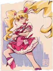 Rule 34 | 1girl, blonde hair, boots, choker, commentary request, crossed arms, cure peach, dress, earrings, eyelashes, fresh precure!, frilled dress, frills, hair ornament, heart, heart earrings, jewelry, kamikita futago, knee boots, kneehighs, long hair, magical girl, momozono love, pink choker, pink dress, pink eyes, pink footwear, precure, puffy short sleeves, puffy sleeves, serious, short sleeves, socks, solo, standing, twintails, wrist cuffs