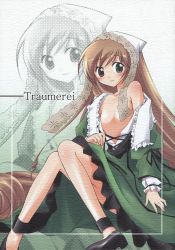 Rule 34 | 00s, 1girl, cover, cover page, female focus, flat chest, heterochromia, long hair, no bra, open clothes, open shirt, rozen maiden, shirt, shoes, sitting, solo, suiseiseki, very long hair, zoom layer