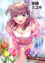 Rule 34 | 1girl, :d, absurdres, artist name, baby&#039;s-breath, bare legs, bare shoulders, blurry, blurry foreground, bra, breasts, brown hair, cleavage, day, depth of field, flower, flower basket, frilled bra, frills, gradient hair, hand on own leg, highres, holding, holding watering can, jacket, lavender (flower), leaning forward, looking at viewer, matsuzaki miyuki, medium breasts, medium hair, midriff peek, multicolored hair, navel, non-web source, one side up, open mouth, original, partially unzipped, pink flower, pink jacket, pink tulip, pixiv id, purple eyes, purple flower, red flower, red tulip, scan, smile, solo, standing, sunlight, tulip, twitter username, underwear, watering can, watermark, web address, white bra, window, yellow flower, yellow tulip, zipper, zipper pull tab