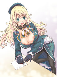 Rule 34 | 10s, 1girl, absurdres, atago (kancolle), black gloves, blonde hair, blush, breasts, gloves, green eyes, hat, highres, kadokawa shoten, kantai collection, large breasts, letter, long hair, looking at viewer, military, military uniform, nipple slip, nipples, open clothes, open mouth, open shirt, pantyhose, pencil, personification, shirt, smile, solo, suzuki24, uniform, writing