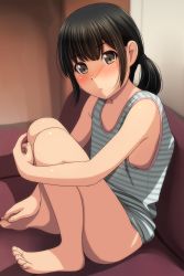 Rule 34 | 1girl, absurdres, bare arms, bare shoulders, barefoot, black hair, blurry, blurry background, blush, bottomless, brown eyes, closed mouth, couch, depth of field, flat chest, highres, hugging own legs, indoors, knees up, long hair, looking at viewer, low twintails, matsunaga kouyou, nose blush, on couch, original, sidelocks, sitting, solo, striped, striped tank top, tank top, twintails