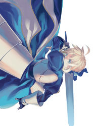 Rule 34 | 1girl, absurdres, ahoge, armor, armored dress, artoria pendragon (all), artoria pendragon (fate), bad id, bad pixiv id, blonde hair, breastplate, excalibur (fate/stay night), fate/stay night, fate (series), faulds, gauntlets, green eyes, highres, hullabaloo, juliet sleeves, long sleeves, puffy sleeves, saber (fate), short hair, simple background, solo, sword, weapon, white background