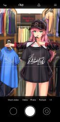 1girl 96mako absurdres aikawa_megumi baseball_cap black_jacket clothes_hanger clothes_shop green_eyes hat heaven_burns_red highres holding holding_clothes_hanger jacket long_hair official_alternate_costume official_alternate_hairstyle pink_hair shirt shopping solo straight_hair viewfinder white_shirt