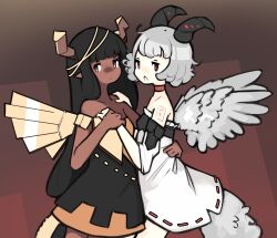 Rule 34 | 2girls, black hair, black horns, black skirt, brown background, brown horns, choker, commentary, cowboy shot, dark-skinned female, dark skin, detached sleeves, english commentary, feathered wings, grey hair, grey wings, highres, holding hands, horns, kuu the silver dragon, long hair, looking at viewer, looking to the side, metal wings, mino dev, multiple girls, off-shoulder shirt, off shoulder, open mouth, pi the golden dragon, pointy ears, rabbit and steel, red choker, red eyes, ribbon-trimmed skirt, ribbon trim, shirt, short bangs, short hair, skirt, very long hair, white skirt, white sleeves, wings, yellow eyes, yellow shirt, yellow wings, yuri