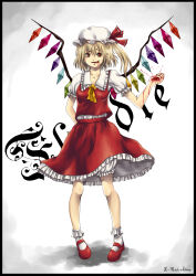 Rule 34 | 1girl, absurdres, artist name, ascot, blonde hair, blood, blood from mouth, blood on arm, blood on face, blood on hands, bloomers, bobby socks, breasts, character name, collarbone, collared shirt, crystal, flandre scarlet, frilled shirt collar, frilled skirt, frilled sleeves, frills, full body, hair between eyes, hand on own hip, hat, highres, l-rainbow, looking at viewer, mary janes, medium hair, mob cap, multicolored wings, one side up, pigeon-toed, puffy short sleeves, puffy sleeves, red eyes, red footwear, red ribbon, red skirt, red vest, ribbon, ribbon-trimmed headwear, ribbon trim, shirt, shoes, short sleeves, simple background, skirt, skirt set, small breasts, socks, solo, standing, teeth, tongue, tongue out, touhou, underwear, upper teeth only, vest, white background, white bloomers, white hat, white shirt, white socks, wings, yellow ascot