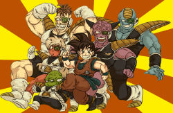 Rule 34 | 6+boys, :o, ^^^, ^ ^, armor, arms at sides, bad id, bad pixiv id, black eyes, black hair, boots, burter, captain ginyu, clenched hands, clenched teeth, closed eyes, dougi, dragon ball, dragonball z, full body, grin, guldo, happy, height difference, horns, jeice, looking at viewer, male focus, multiple boys, nitako, recoome, red background, scouter, short hair, smile, son goku, spiked hair, striped, striped background, teeth, two-tone background, vertical stripes, wristband, yellow background