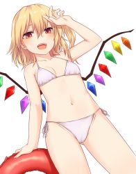 Rule 34 | 1girl, :d, arm up, bikini, blonde hair, breasts, commentary, flandre scarlet, gluteal fold, groin, hair between eyes, halterneck, highres, innertube, looking at viewer, miyo (ranthath), navel, open mouth, red eyes, short hair, side-tie bikini bottom, side ponytail, simple background, small breasts, smile, solo, string bikini, swim ring, swimsuit, touhou, white background, white bikini, wings