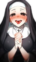 Rule 34 | 1girl, black dress, blush, breasts, coif, collar, cross, cross necklace, dress, ear piercing, earrings, habit, heart, heart-shaped pupils, highres, holding, holding jewelry, holding necklace, jewelry, large breasts, long dress, long sleeves, looking at viewer, necklace, nun, open mouth, original, own hands clasped, own hands together, piercing, praying, saliva, solo, sweat, sweatdrop, symbol-shaped pupils, teeth, tongue, tongue out, traditional nun, tsu (lovesick1964), unworn jewelry, unworn necklace, upper teeth only, white background