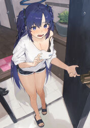 Rule 34 | 1boy, 1girl, absurdres, black bra, black shorts, blue archive, bra, bra peek, breasts, cleavage, commentary, dolphin shorts, doorway, full body, halo, highres, medium breasts, off shoulder, open mouth, opening door, parted bangs, purple eyes, purple hair, sandals, sensei (blue archive), shadow, shirt, short sleeves, shorts, surprised, toes, two side up, underwear, white shirt, yakihoko, yuuka (blue archive)