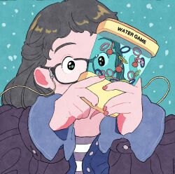 Rule 34 | 1girl, artist name, black-framed eyewear, black eyes, black hair, blue background, blue jacket, blush, buttons, english text, female focus, glasses, hands up, highres, holding, jacket, light blush, long sleeves, nail polish, onoconokoko0625, original, playing games, purple shirt, red nails, shirt, sidelocks, signature, simple background, solo, striped clothes, striped shirt, upper body, water, waterful ring-toss, wide-eyed