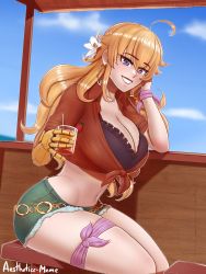 Rule 34 | 1girl, absurdres, aestheticc-meme, ahoge, artist name, blonde hair, breasts, cleavage, collarbone, commentary, cup, day, denim, denim shorts, drink, drinking straw, earrings, english commentary, eyes visible through hair, flower, food, fruit, hair flower, hair ornament, highres, holding, holding cup, hoop earrings, jewelry, large breasts, long hair, looking at viewer, midriff, navel, outdoors, parted lips, prosthesis, prosthetic arm, purple eyes, rwby, shirt, short shorts, shorts, sitting, sky, smile, solo, stool, strawberry, teeth, thigh strap, watermark, yang xiao long