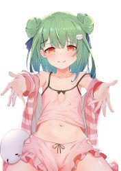 Rule 34 | 1girl, absurdres, bare shoulders, blush, bow, camisole, collarbone, double bun, ghost, green hair, hair bun, hair ornament, hair ribbon, hairpin, highres, hololive, looking at viewer, midriff, navel, necromancer, off shoulder, outstretched arms, red eyes, ribbon, short hair, sidelocks, simple background, smile, solo, striped, uruha rushia, virtual youtuber, white background, yakurope-moko