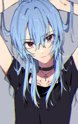 Rule 34 | 1girl, arms up, ayanami rei, black choker, black shirt, blue hair, choker, closed mouth, collarbone, cross, cross necklace, evangelion: 3.0+1.0 thrice upon a time, grey background, hair between eyes, highres, jewelry, long hair, looking at viewer, necklace, neon genesis evangelion, rebuild of evangelion, red eyes, shirt, short sleeves, solo, straight hair, t-shirt, twitter username, upper body, yoshio 296