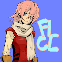 Rule 34 | 00s, 1girl, arms at sides, bad id, bad pixiv id, blue background, brown gloves, copyright name, ezo777, flcl, gloves, hair over one eye, haruhara haruko, looking at viewer, pink hair, red shirt, scarf, shirt, short hair, simple background, solo, standing, white scarf, yellow eyes