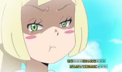 Rule 34 | 1girl, blonde hair, blush, green eyes, japanese text, lillie (pokemon), pokemon, pokemon sm, pokemon sm (anime), third-party edit, translation request