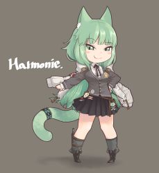 Rule 34 | 1girl, animal ear fluff, animal ears, arknights, belt, black footwear, black ribbon, black skirt, blush stickers, boots, breasts, brown belt, cardigan, cat ears, cat tail, character name, chibi, commentary request, full body, green eyes, green hair, grey background, grey cardigan, grey socks, hand on own hip, harmonie (arknights), highres, infection monitor (arknights), charm (object), kneehighs, long hair, long sleeves, looking at viewer, medium breasts, miniskirt, neck ribbon, partial commentary, pleated skirt, pori (poritan81), ribbon, shirt, simple background, skirt, smile, socks, solo, standing, tail, very long hair, white shirt