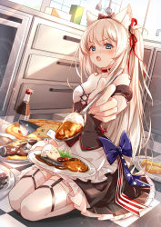 Rule 34 | 1girl, absurdres, animal ears, azur lane, blue eyes, blush, bottle, breasts, cat ears, clouble, curry, curry rice, dishes, feeding, fish, food, hair ornament, hair ribbon, hammann (azur lane), highres, indoors, kitchen, long hair, looking at viewer, open mouth, pie, remodel (azur lane), ribbon, rice, seiza, silver hair, sitting, solo, spoon, thighhighs, white background