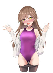 Rule 34 | 1girl, arashio (kancolle), blush, breasts, brown hair, choker, collarbone, commentary request, competition swimsuit, cowboy shot, heart, heart choker, highleg, highleg swimsuit, kantai collection, long hair, long sleeves, looking at viewer, off shoulder, one-piece swimsuit, open mouth, pantyhose, sasakura (calicchio), shirt, simple background, smile, solo, standing, swimsuit, swimsuit under clothes, white background, white shirt, yellow eyes