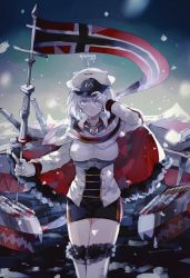 Rule 34 | 1girl, azur lane, bad id, bad twitter id, banner, blue eyes, blush, breasts, cape, collared jacket, commentary, cross, cross earrings, earrings, fur trim, gloves, hair between eyes, hand on headwear, hat, highres, holding, jacket, jewelry, looking at viewer, machinery, military, military uniform, miniskirt, mountain, norwegian flag, outdoors, peaked cap, pencil skirt, short hair, silver hair, skirt, snow, snowing, solo, thighhighs, tirpitz (azur lane), turret, uniform, white cape, white gloves, white jacket, white thighhighs, winter, y o u k a
