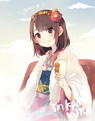 Rule 34 | 1girl, black eyes, blush, brown eyes, brown hair, capelet, commentary request, flower, food, head wreath, holding, holding food, japanese clothes, kamakura (city), kimono, long sleeves, looking at viewer, obi, ookubo rumi, orange flower, outdoors, pink kimono, real life, red flower, sash, short hair, sitting, skewer, smile, solo, taneda yuuta, voice actor, white capelet