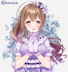 Rule 34 | 1girl, ahoge, bow, brown eyes, brown hair, commentary request, dress, flower, frilled gloves, frills, gloves, hair bow, hair flower, hair ornament, own hands clasped, highres, idolmaster, idolmaster shiny colors, interlocked fingers, konase (non stop!), kuwayama chiyuki, long hair, looking at viewer, own hands together, polka dot, polka dot dress, polka dot gloves, ponytail, puffy short sleeves, puffy sleeves, purple bow, purple dress, purple gloves, ringlets, short sleeves, solo, upper body