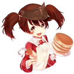 Rule 34 | 10s, 1girl, apron, blush stickers, brown eyes, brown hair, fang, feeding, food, fork, hat, incoming food, kantai collection, looking at viewer, open mouth, pancake, plate, raixx21, ryuujou (kancolle), solo, twintails, white background
