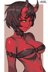 Rule 34 | 1girl, armlet, belt bra, border, brown background, brown hair, choker, colored skin, commentary, earrings, english commentary, horns, jewelry, kidouko (zakusi), looking at viewer, navel, o-ring, o-ring top, oni, original, outside border, parted lips, pointy ears, red oni, red skin, short hair, signature, slit pupils, smile, solo, white border, yellow eyes, zakusi