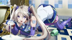 Rule 34 | all fours, blonde hair, boots, cosplay, detached sleeves, hatsune miku, hatsune miku (cosplay), headset, highres, kampfer, kondou mikoto, long hair, milk, necktie, open mouth, purple eyes, screencap, skirt, thigh boots, thighhighs, twintails, vocaloid