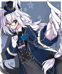 Rule 34 | 1girl, absurdres, animal ears, aqua eyes, ascot, black-framed eyewear, black corset, blue jacket, boutonniere, bow, bowtie, braid, braided ponytail, closed mouth, collared shirt, corset, ear piercing, earrings, flower, fox ears, fox girl, fox tail, glasses, gloves, grey skirt, hair between eyes, hairband, hand on own chest, hat, highres, hiyashinssu, hololive, jacket, jewelry, lolita fashion, long hair, looking at viewer, mini hat, mini top hat, piercing, reaching, reaching towards viewer, shirakami fubuki, shirakami fubuki (aristocrat kei), shirt, side braid, silver hair, single earring, skirt, smile, solo, tail, tilted headwear, top hat, underbust, v-shaped eyebrows, victorian, virtual youtuber, white gloves, white shirt