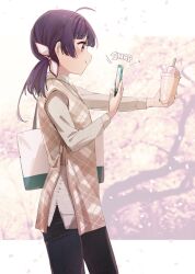 Rule 34 | 1girl, ahoge, alternate costume, bag, black pants, blush, brown eyes, cellphone, closed mouth, cowboy shot, drink, drinking straw, from side, fujinami (kancolle), holding, holding drink, holding phone, kantai collection, long hair, long sleeves, one-hour drawing challenge, pants, phone, ponytail, profile, purple hair, smartphone, smile, solo, tongue, tongue out, yamashichi (mtseven)