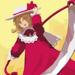Rule 34 | 1girl, blonde hair, commentary request, dress, elly (touhou), flat chest, hand on headwear, hat, hat ribbon, highres, holding, holding scythe, kaigen 1025, long sleeves, medium hair, neck ribbon, no lineart, open mouth, red dress, red ribbon, ribbon, scythe, simple background, sketch, smile, solo, touhou, touhou (pc-98), white hat, yellow background, yellow eyes