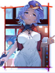 Rule 34 | 2girls, absurdres, arm at side, blue hair, breasts, breasts apart, chemise, closed eyes, collared vest, covered navel, cowboy shot, fingernails, gorimaro, hair rings, hand up, hat, high collar, highres, hip focus, holding, holding clothes, kaku seiga, lips, looking up, medium breasts, miyako yoshika, multiple girls, nail polish, ofuda, open clothes, open vest, parted lips, purple eyes, purple hair, shawl, shirt, short hair, short sleeves, shorts, skirt, smile, solo focus, standing, touhou, underwear, unworn skirt, upper body, vest