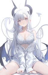 Rule 34 | 1girl, black horns, blue eyes, bra, breasts, cleavage, commentary, demon girl, demon tail, demon wings, fingernails, highres, horns, large breasts, long hair, long sleeves, looking at viewer, nail polish, nekojira, off-shoulder shirt, off shoulder, original, parted lips, red nails, revision, shirt, simple background, sitting, sleeves past wrists, solo, symbol-only commentary, tail, thea (nekojira), thighs, underwear, very long hair, white background, white bra, white hair, white shirt, wings