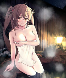 Rule 34 | 1girl, blush, breasts, brown eyes, cleavage, collarbone, hair tie, heterochromia, highres, kantai collection, large breasts, long hair, looking at viewer, mimamui, murasame (kancolle), murasame kai ni (kancolle), naked towel, night, onsen, outdoors, red eyes, smile, solo, towel, two side up, very long hair