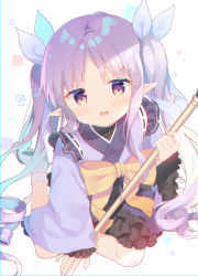 Rule 34 | 1girl, arm support, blue ribbon, blush, bow, commentary request, flying sweatdrops, grey footwear, hair ribbon, holding, holding staff, japanese clothes, kimono, kyoka (princess connect!), long hair, long sleeves, looking at viewer, open mouth, parted bangs, pointy ears, princess connect!, purple eyes, purple hair, purple kimono, ribbon, sandals, sidelocks, sitting, sleeves past wrists, socks, solo, staff, tabi, twintails, very long hair, white socks, wide sleeves, yellow bow, yokozuwari, yuizaki kazuya, zouri