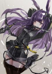 Rule 34 | 1girl, animal ears, arknights, arms behind head, arms up, belt, belt pouch, black bow, black dress, black eyes, black footwear, black thighhighs, blunt bangs, blush, bow, dress, gradient background, grappling hook, grey background, hair bow, highres, jun (rellik &amp; redrum), leg up, long hair, long sleeves, looking at viewer, mouth hold, pouch, purple hair, rabbit ears, rope (arknights), signature, smile, solo, standing, standing on one leg, thighhighs, very long hair, zettai ryouiki