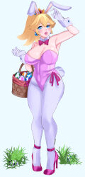 Rule 34 | 1girl, arm up, armpits, blonde hair, blue eyes, breasts, ceroccb, cleavage, covered navel, easter egg, egg, feet, gloves, heels, highres, large breasts, legs, leotard, long hair, looking at viewer, mario (series), nintendo, parted lips, pink lips, ponytail, princess, princess peach, rabbit ears, rabbit tail, smile, solo, super mario bros. 1, thighs, yoshi egg