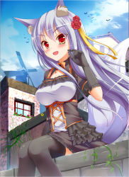 Rule 34 | 1girl, adjusting hair, animal ears, black gloves, black thighhighs, blush, breasts, cloud, day, flower, gloves, hair flower, hair ornament, large breasts, light purple hair, long hair, looking at viewer, open mouth, original, plant, red eyes, sitting, sky, solo, tail, takataka, thighhighs, vines, windmill