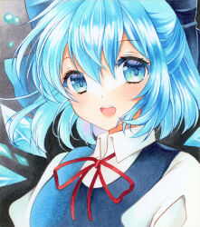 Rule 34 | 1girl, blue eyes, blue hair, bow, cirno, commentary request, hair bow, ice, ice wings, marker (medium), medium hair, open mouth, portrait, smile, solo, suzu (o o1219), touhou, traditional media, wings