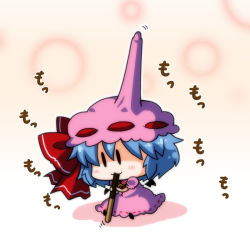 Rule 34 | 1girl, :3, bad id, bad pixiv id, bat wings, blue hair, blush, bow, brooch, chibi, detached wings, dress, eating, female focus, food, hat, hat bow, hat ribbon, impaled, jewelry, mini person, mini wings, minigirl, noai nioshi, pink dress, pocky, remilia scarlet, ribbon, short hair, sitting, solo, touhou, what, wings, you&#039;re doing it wrong, | |